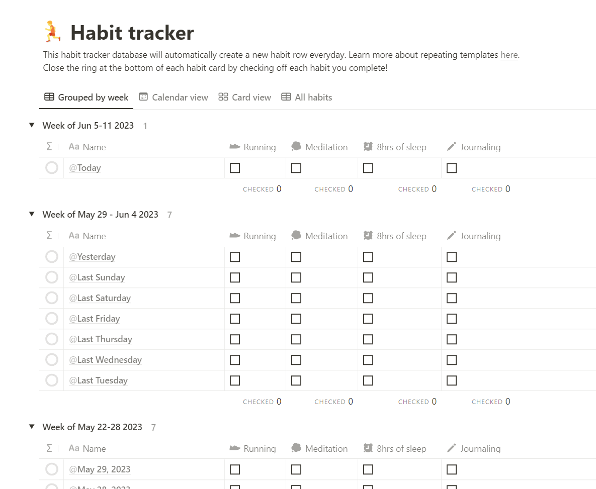 Free Notion's habit tracker