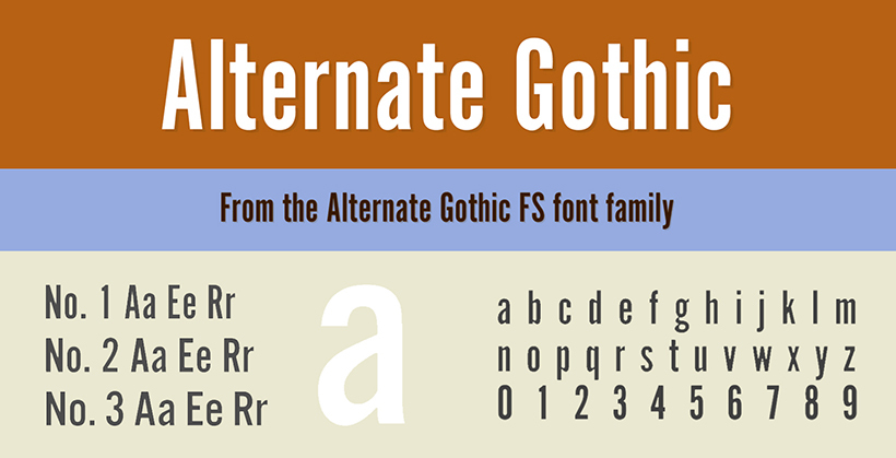 Alternate Gothic font used in brands (Super Famous Brand Fonts)