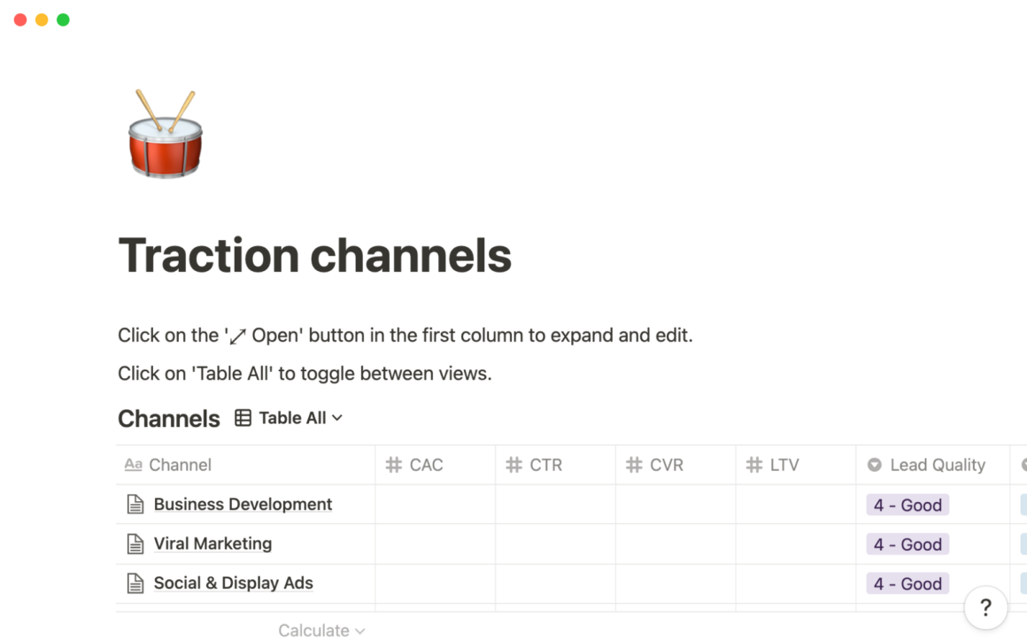 Traction channels Notion Business Template