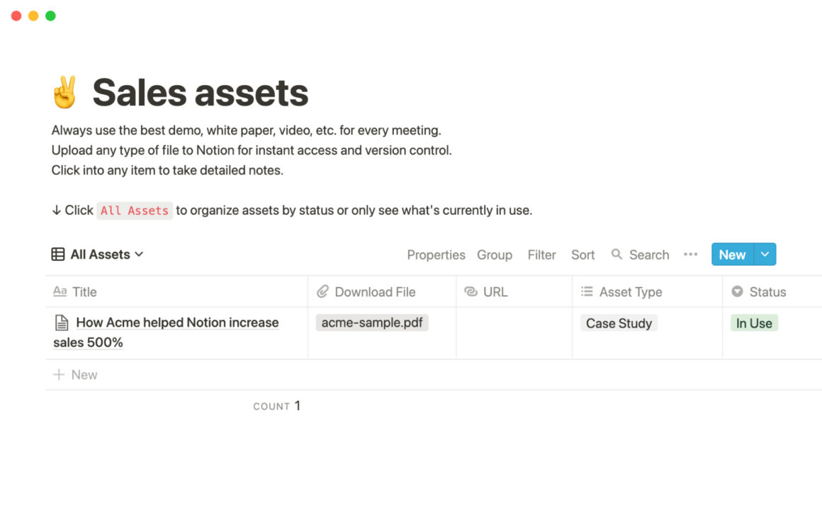 Sales assets Notion Template
