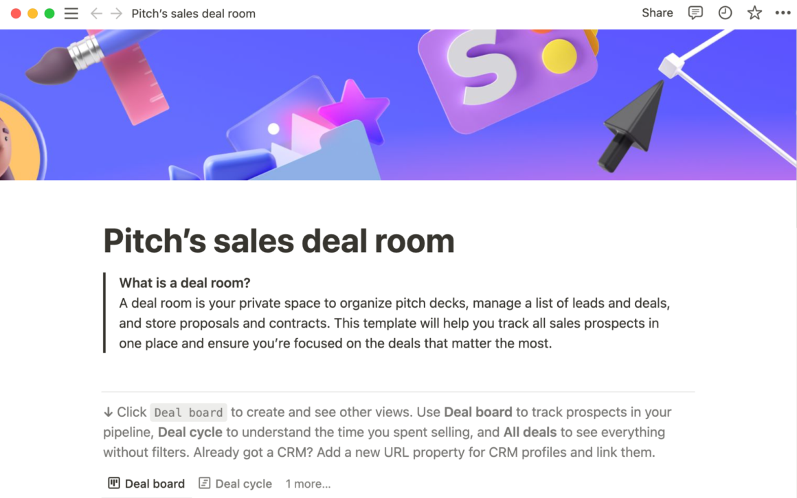 Startups Pitch’s sales deal room Notion Template