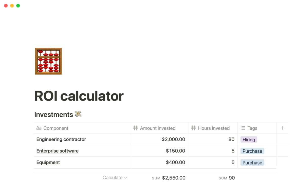 Small Business ROI calculator Notion Template