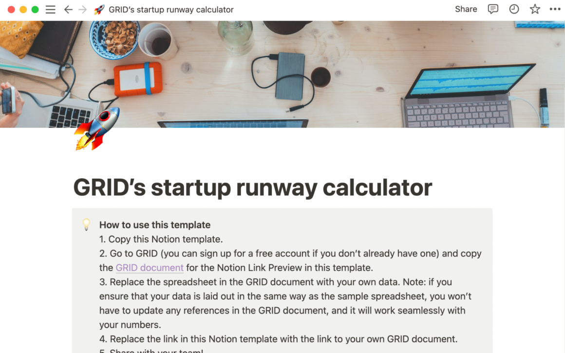 GRID’s startup runway calculator Notion Template