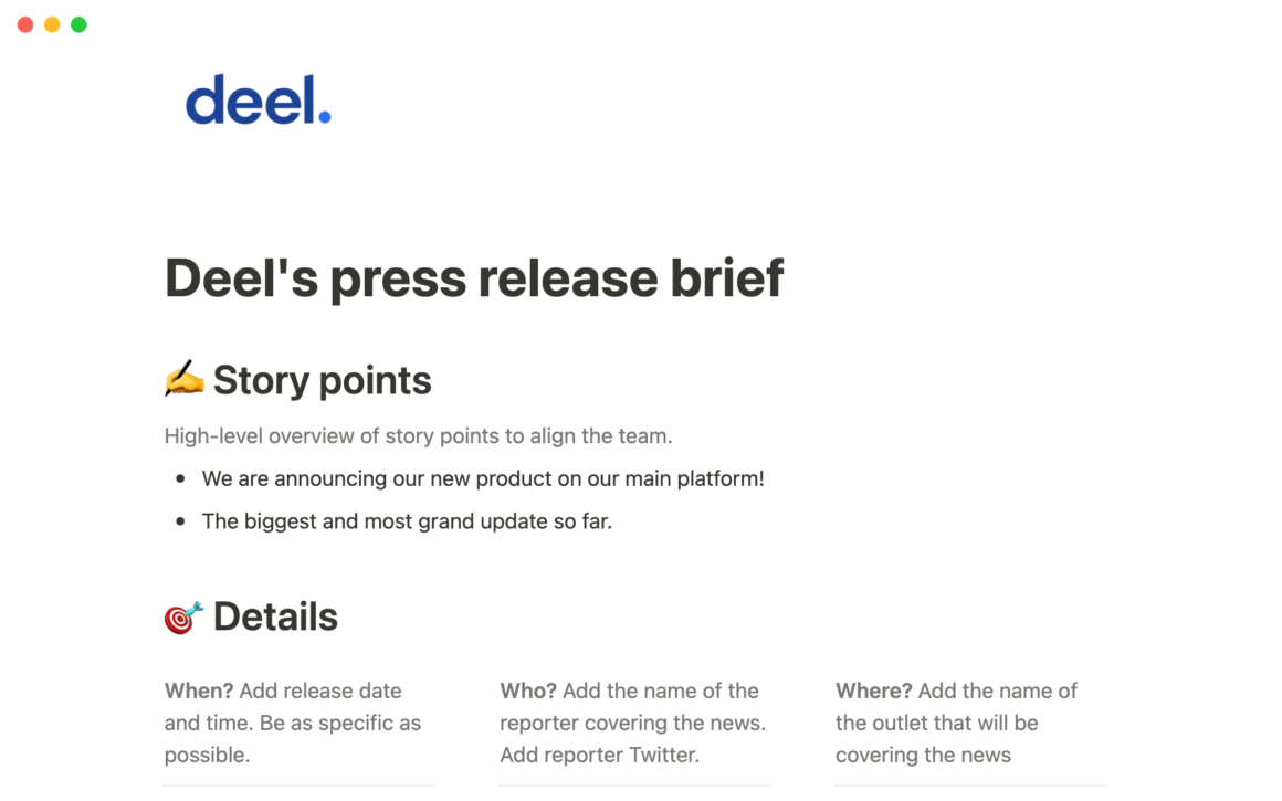 Deel's press release brief Notion Template