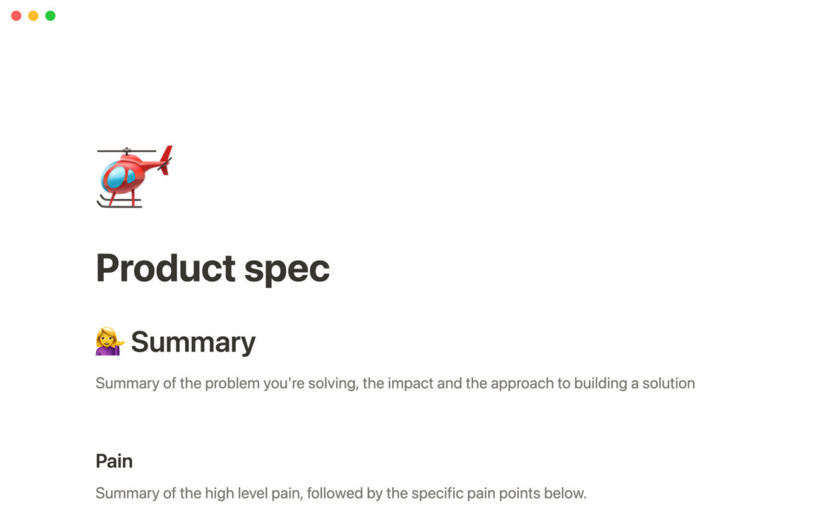 Product spec Notion Template