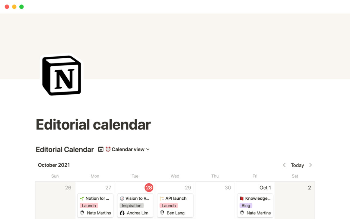 Notion's editorial calendar Notion Template