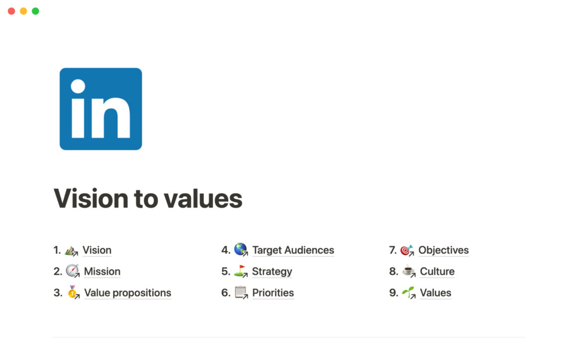 Business Vision to values Notion Template