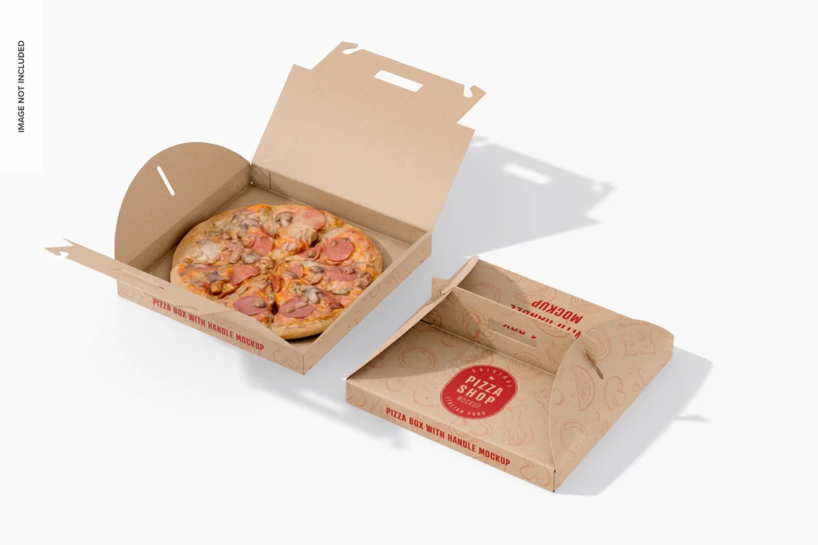 Pizza boxes with handle mockup opened and closed