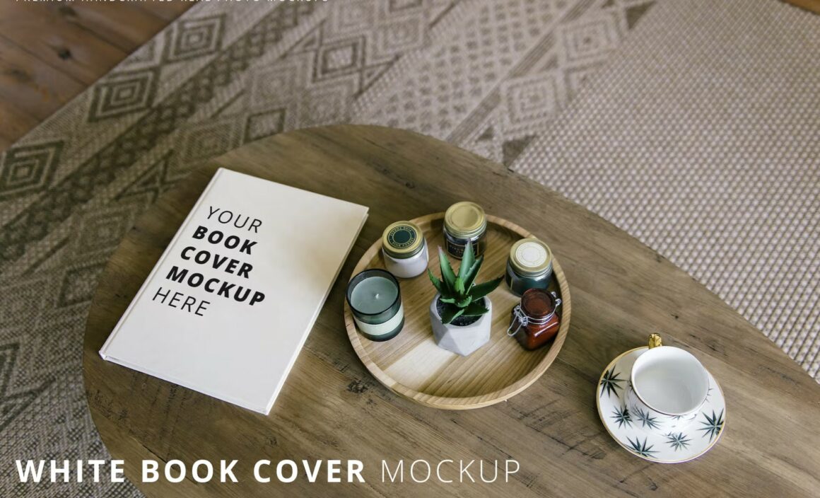 White Book Cover Mockup Cozy Home Wooden Table