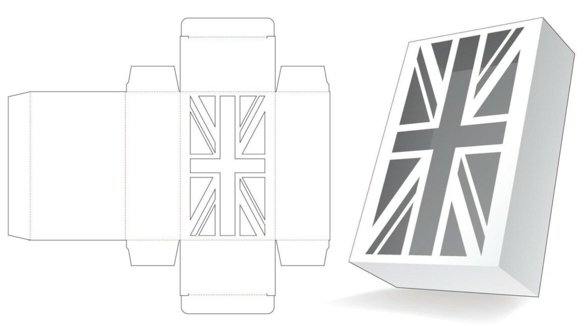 Packaging box with stenciled United Kingdom flag die cut template