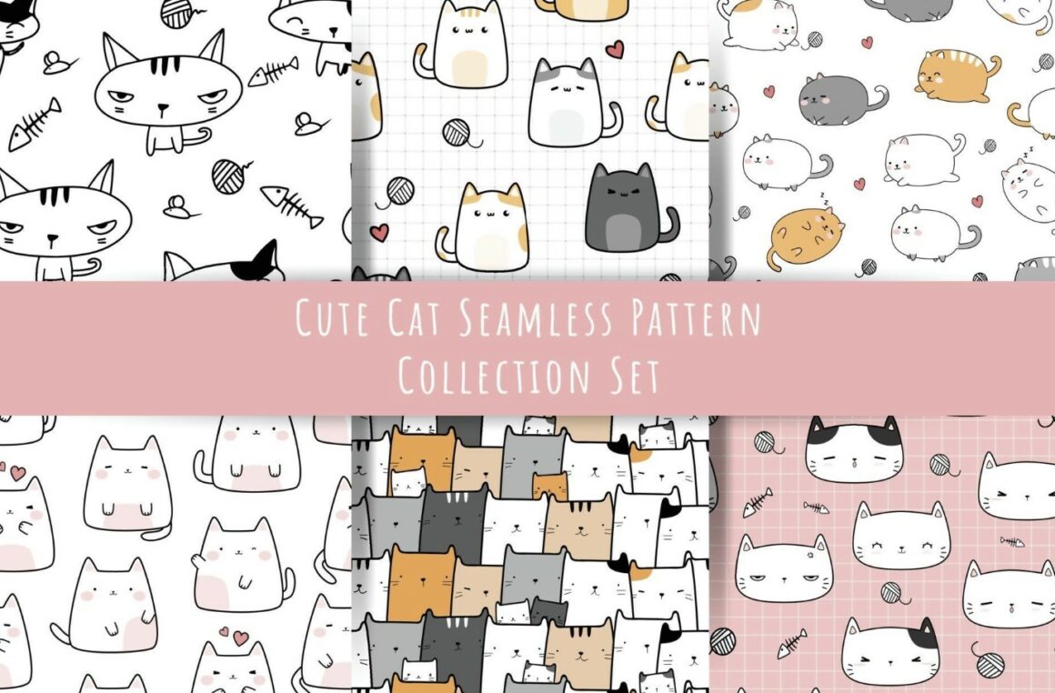 Set of Cute cat kitten cartoon doodle seamless pattern bundle