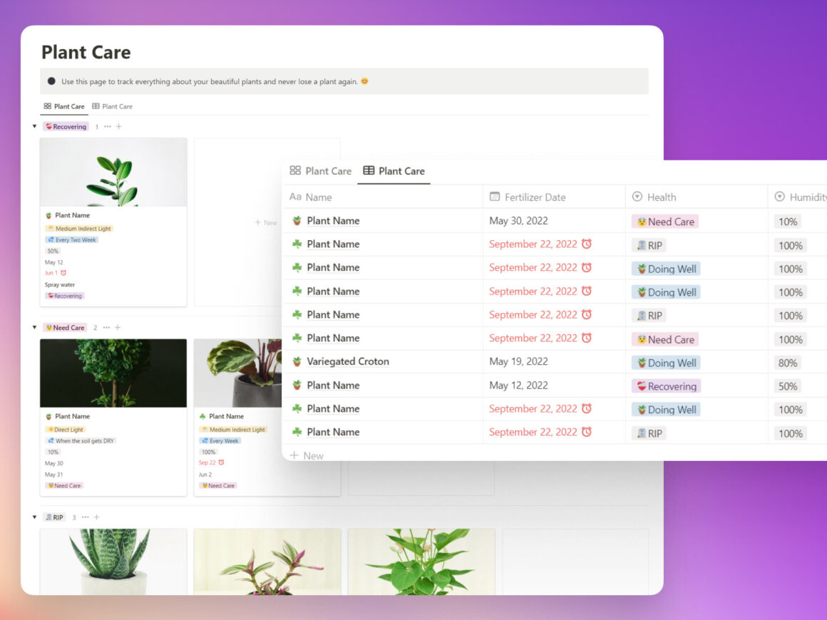 Notion Plant Trackers