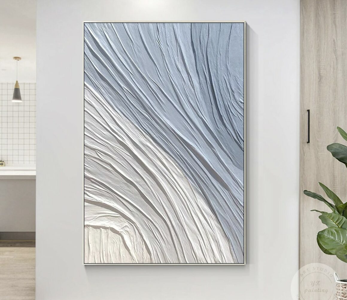 Minimalist Light Blue White 3D texture framed wall art