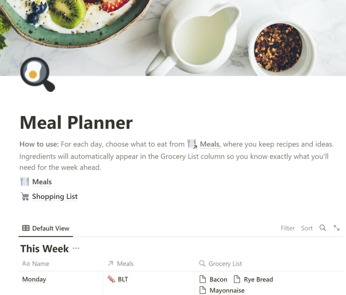 Free Meal planner for Notion