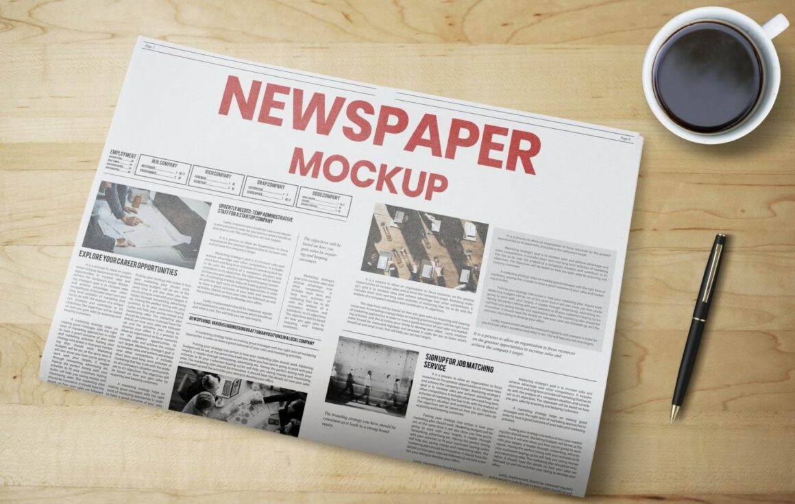 Newspaper mockup PSD on a wooden table