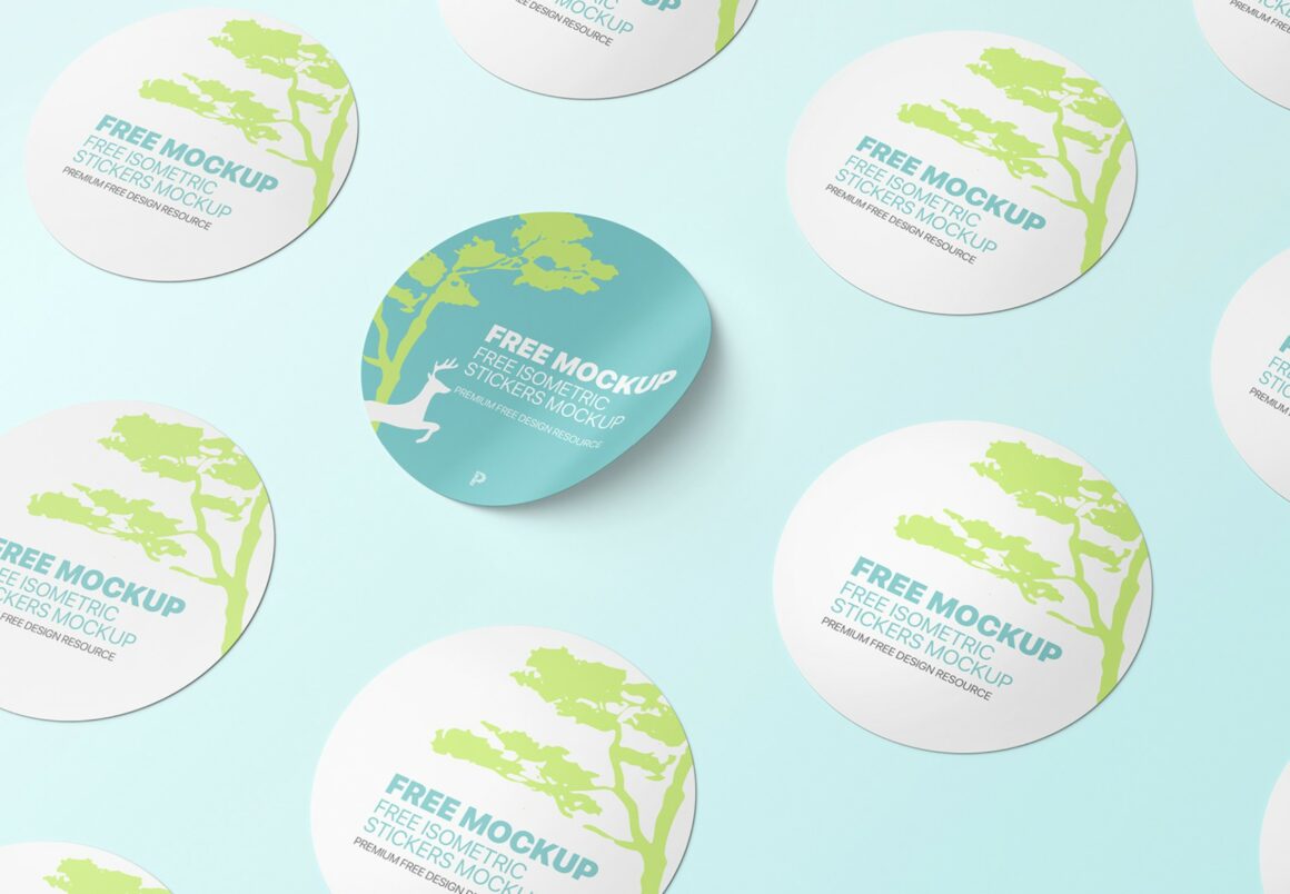 Free Isometric Round Stickers Mockup