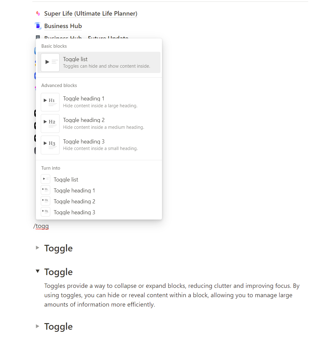 add toggles in notion