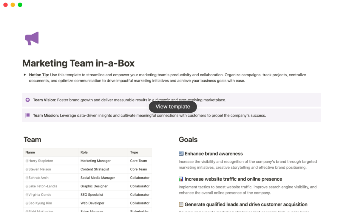 Business Notion Template for Marketing Team in-a-Box