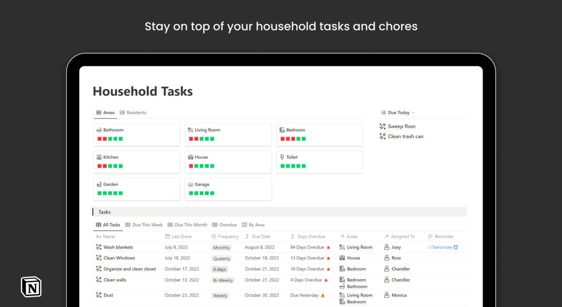 Notion Household Tasks and Chore Tracker