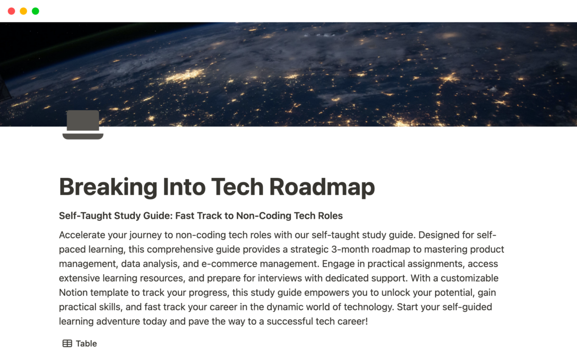 Notion Template Breaking Into Tech Roadmap: 90 Day Up-skill Challenge