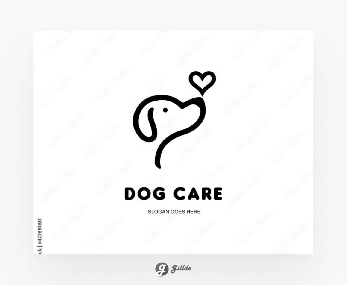 Simple minimal dog care logo design. Dog head with love vector