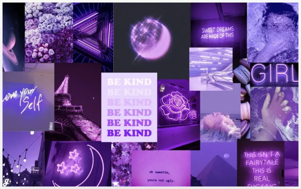 Collage Of Purple Pictures With The Words Be Kind Wallpaper