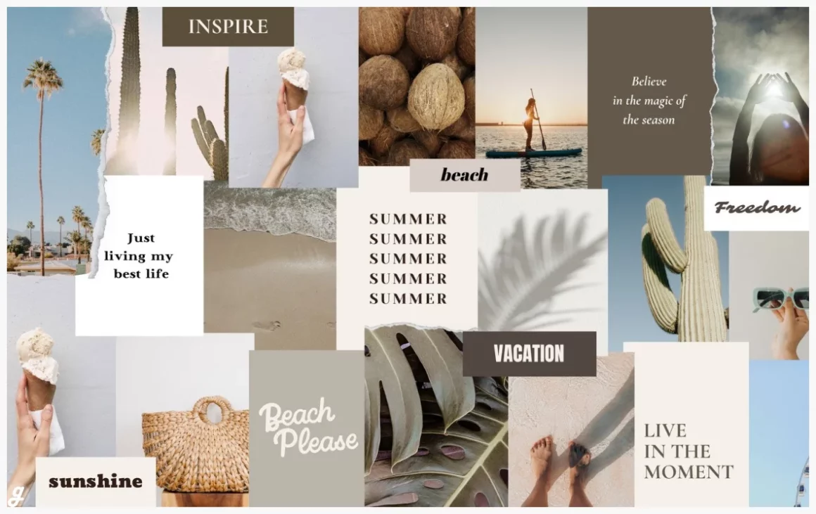 Beige Aesthetic Photo Collage Vision Board Summer Desktop Wallpaper