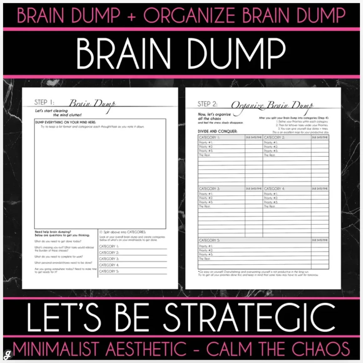 Printable Strategic 2-Step Brain Dump + Organize Brain Dump (Minimalist Aesthetic)