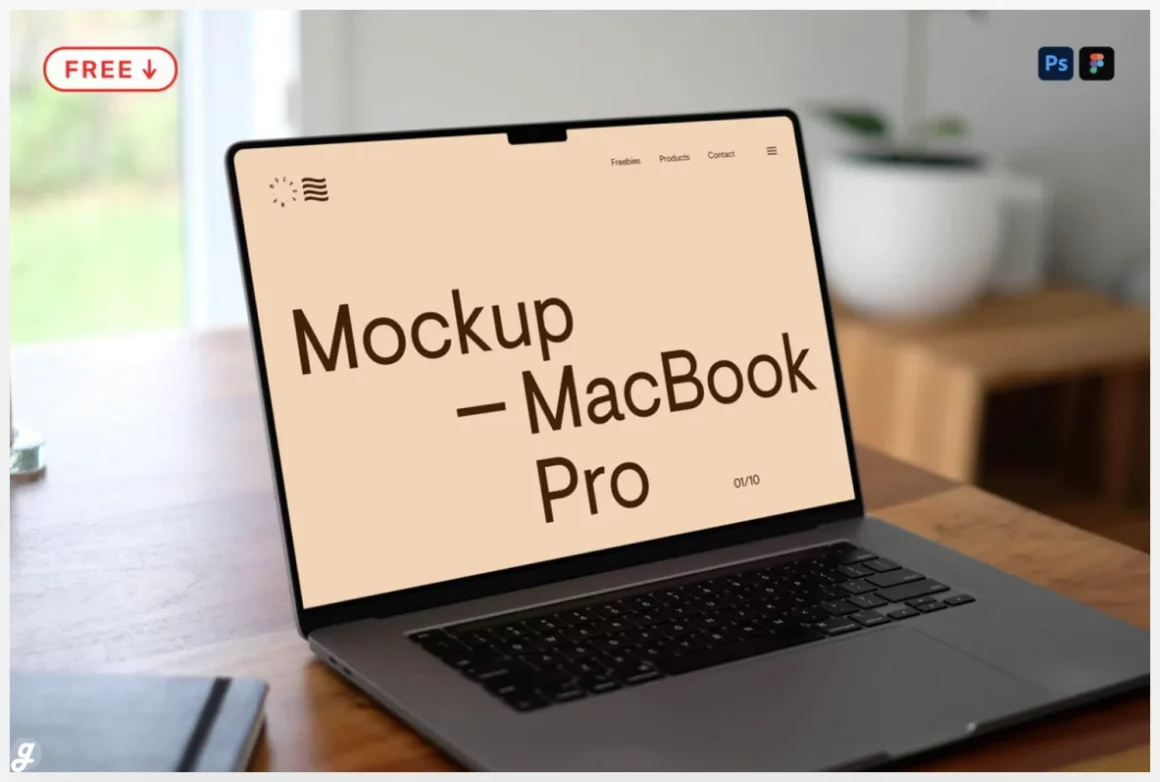 Free MacBook Pro on Wooden Desk Mockup