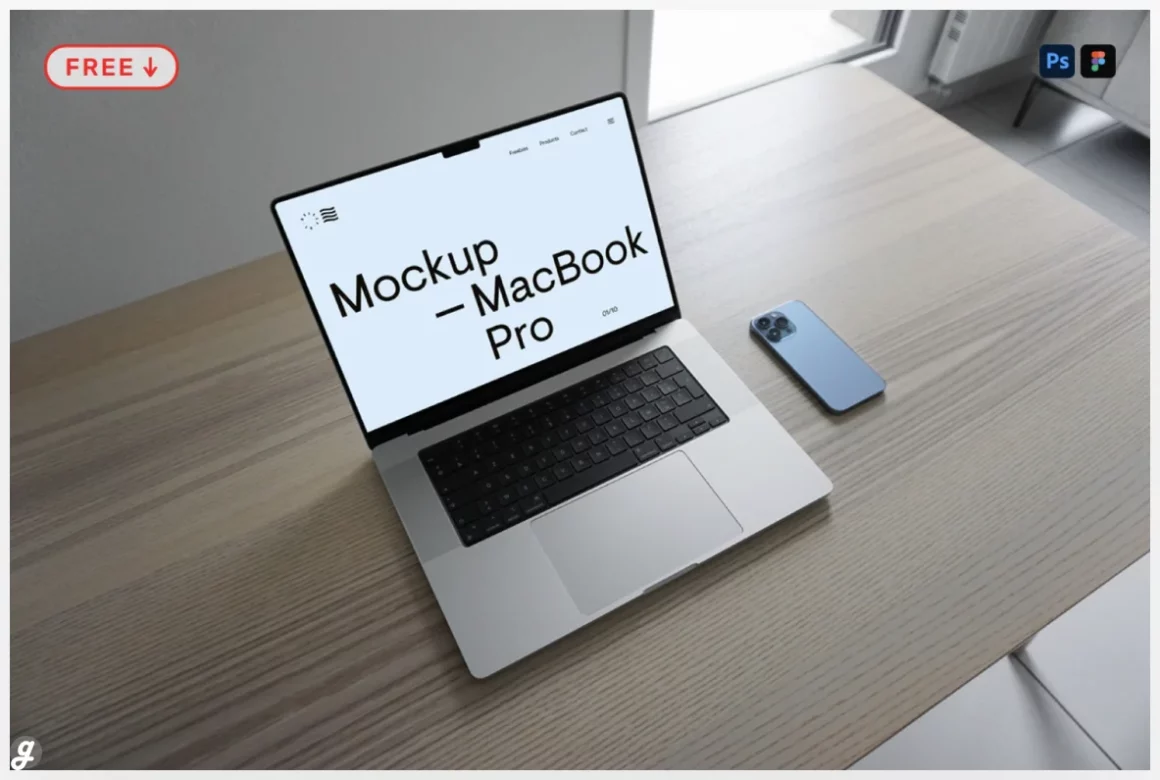 Free MacBook Pro in Office Table Mockup