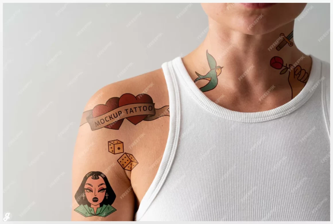 Woman having neck tattoo mockup